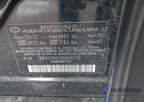 2013 Hyundai Sonata Se 2.0T z USA, uszkodzony, nr VIN 5NPEC4AB4DH666730